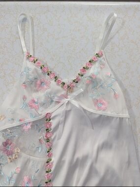 White Floral Embroidered Chemise with Pink Accents